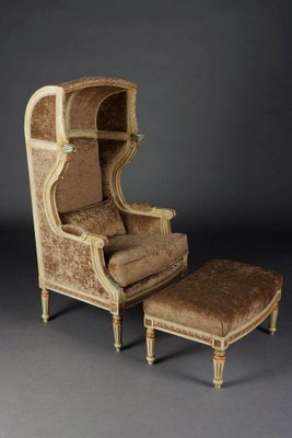 Louis XVI Style Carved Beechwood Armchair with Stool, Set of 2-FLW-1402264