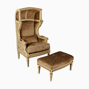 Louis XVI Style Carved Beechwood Armchair with Stool, Set of 2-FLW-1402264