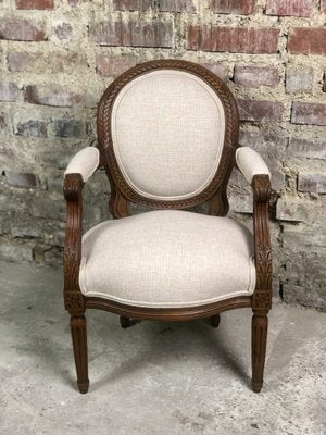 Louis XVI Style Carved Walnut Armchair with Beige Upholstery-RWZ-1336779