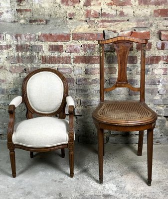 Louis XVI Style Carved Walnut Armchair with Beige Upholstery-RWZ-1336779