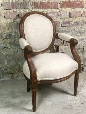 Louis XVI Style Carved Walnut Armchair with Beige Upholstery-RWZ-1336779