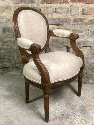 Louis XVI Style Carved Walnut Armchair with Beige Upholstery-RWZ-1336779