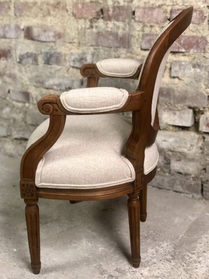 Louis XVI Style Carved Walnut Armchair with Beige Upholstery-RWZ-1336779