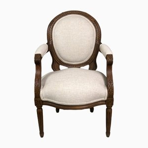 Louis XVI Style Carved Walnut Armchair with Beige Upholstery-RWZ-1336779