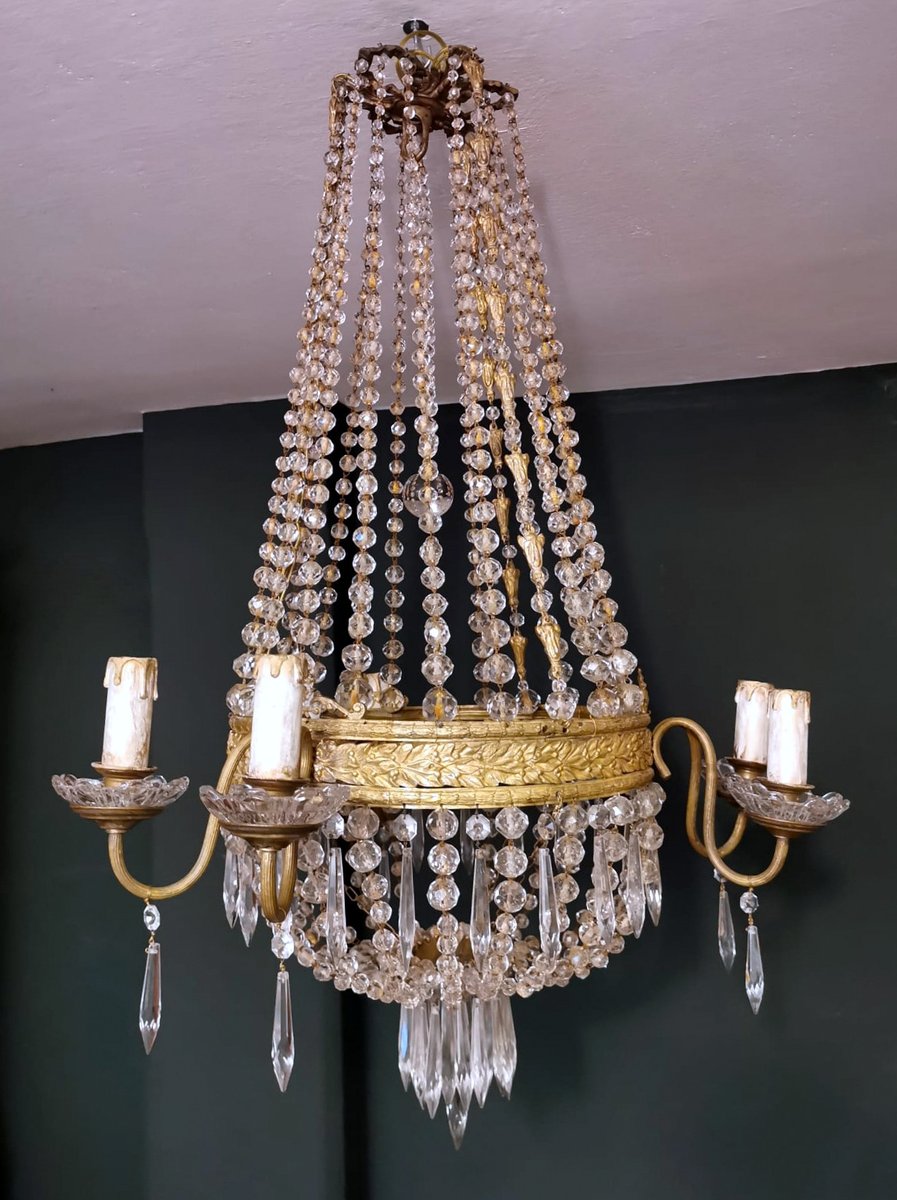 Louis XVI Style Hot Air Balloon Chandelier in Lead Crystal and Gilded Brass