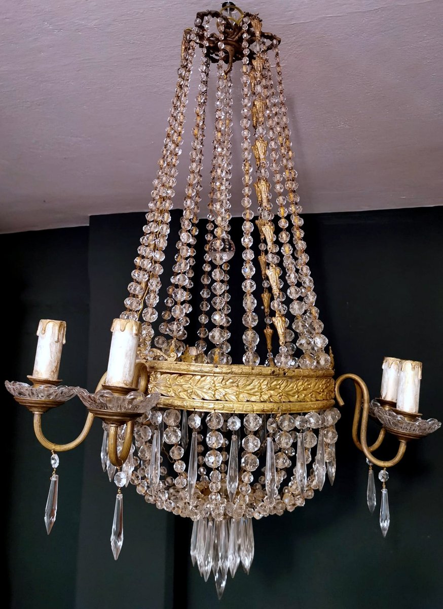 Louis XVI Style Hot Air Balloon Chandelier in Lead Crystal and Gilded Brass