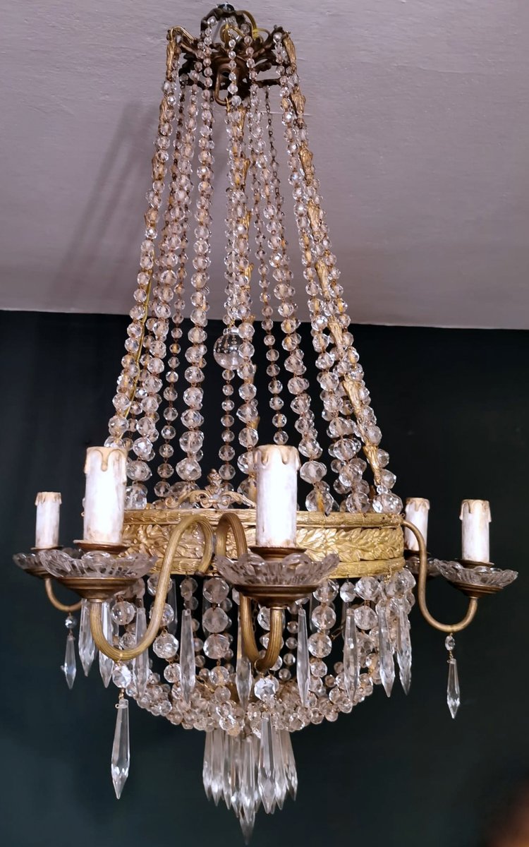 Louis XVI Style Hot Air Balloon Chandelier in Lead Crystal and Gilded Brass