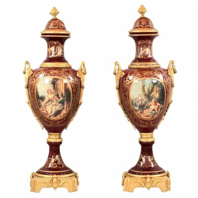 Louis XVI Style Porcelain Floor Vases with Gilt Bronze, France, 1920s, Set of 2-WMV-1801583