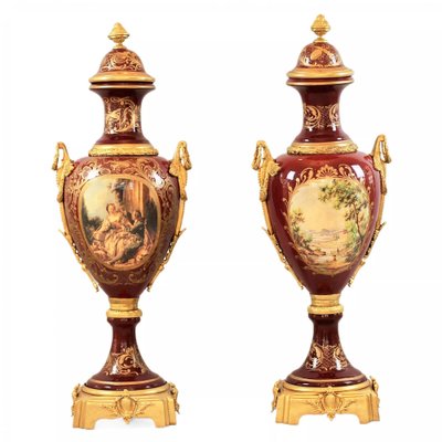 Louis XVI Style Porcelain Floor Vases with Gilt Bronze, France, 1920s, Set of 2-WMV-1801583