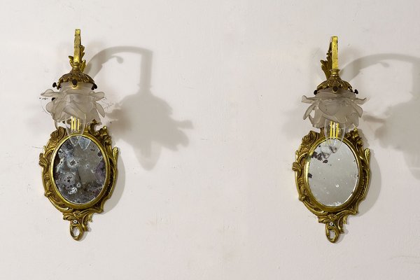 Louis XVI Style Wall Lights in Brass with Mirror & Opal Glass Lampshades, 1920s, Set of 2-QES-1378158