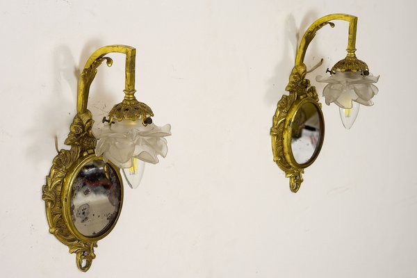 Louis XVI Style Wall Lights in Brass with Mirror & Opal Glass Lampshades, 1920s, Set of 2-QES-1378158