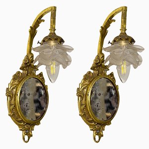 Louis XVI Style Wall Lights in Brass with Mirror & Opal Glass Lampshades, 1920s, Set of 2-QES-1378158