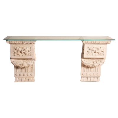 Louis Xvi Style White Plaster Friezes Console Table with Glass Top, 1930s-XDW-1759755