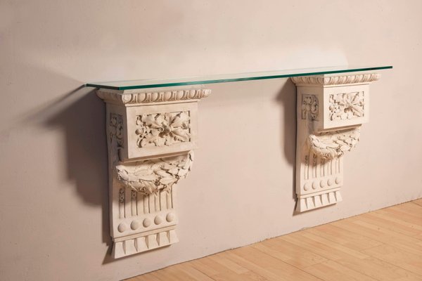 Louis Xvi Style White Plaster Friezes Console Table with Glass Top, 1930s-XDW-1759755