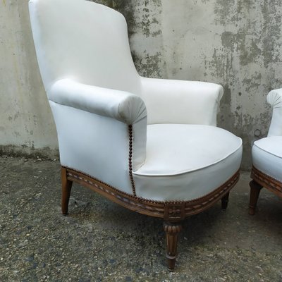 Louis XVI White Skai Armchairs, 1890s, Set of 2-EAD-1724017