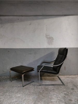 Lounge Chair and Footrest in Dark Brown Leather and Chrome by Rudolph Glatzl for Walter Knoll, Germany, 1970s, Set of 2-AIF-1782186