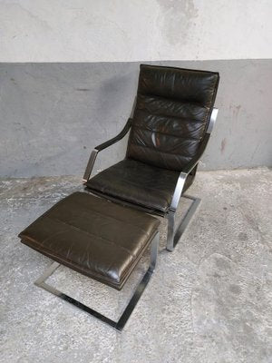 Lounge Chair and Footrest in Dark Brown Leather and Chrome by Rudolph Glatzl for Walter Knoll, Germany, 1970s, Set of 2-AIF-1782186