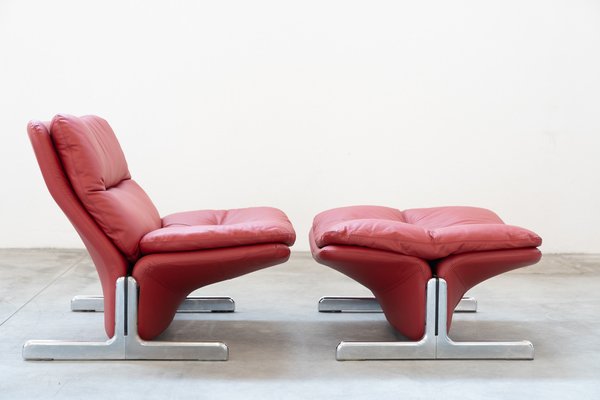 Lounge Chair and Footrest in Red Leather by Vitelli e Ammannati for Brunati, 1970s-1980s, Set of 2-KNM-1756785