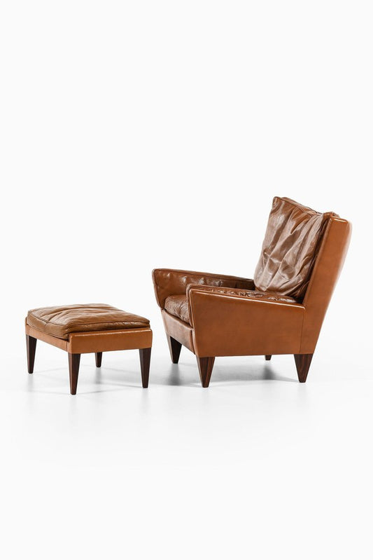 Lounge Chair and Stool in Rosewood and Brown Leather attributed to Illum Wikkelsø, 1960s, Set of 2