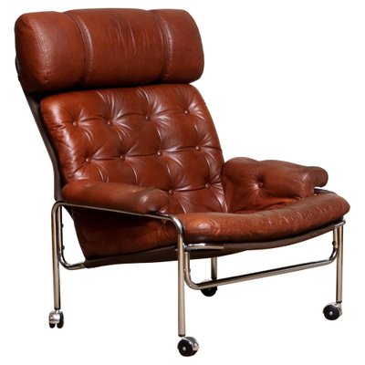 Lounge Chair in Chrome and Brown Cognac Leather from Lindlöfs, 1960s-JE-987133