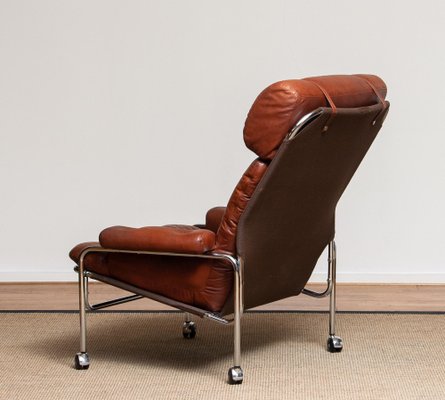 Lounge Chair in Chrome and Brown Cognac Leather from Lindlöfs, 1960s-JE-987133