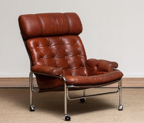 Lounge Chair in Chrome and Brown Cognac Leather from Lindlöfs, 1960s-JE-987133