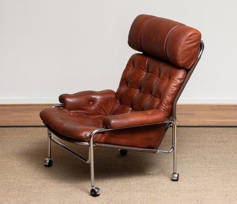 Lounge Chair in Chrome and Brown Cognac Leather from Lindlöfs, 1960s-JE-987133