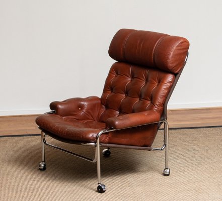 Lounge Chair in Chrome and Brown Cognac Leather from Lindlöfs, 1960s-JE-987133