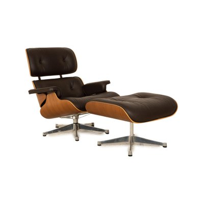 Lounge Chair Leather Armchair in Brown with Stool by Charles & Ray Eames for Vitra-RQW-2036327