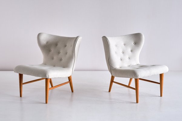 Lounge Chairs in Ivory Linen and Elm by Eric Bertil Karlén, Sweden, 1940s, Set of 2-FMT-981592