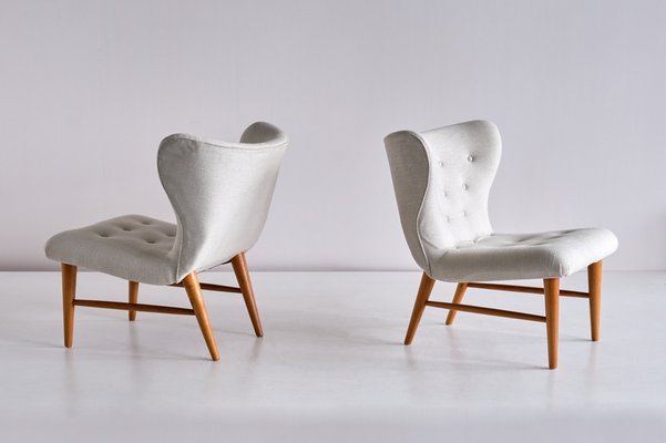 Lounge Chairs in Ivory Linen and Elm by Eric Bertil Karlén, Sweden, 1940s, Set of 2-FMT-981592