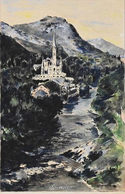 Lourdes, Original Watercolor and Tempera, Mid-20th Century-ZCI-890972