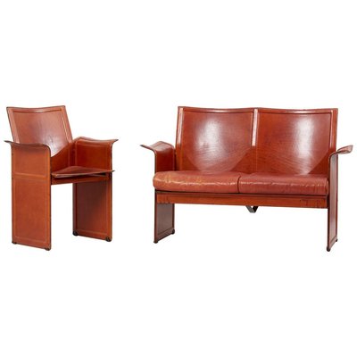 Loveseat and Chair in Dark Cognac Leather by Tito Agnoli for Matteo Grasse, Italy, Set of 2-SFD-810591