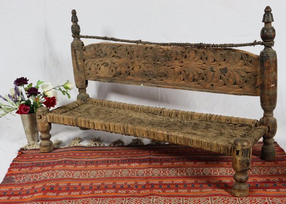 Low 2-Seater Cedar Chair, Nuristan, Afghanistan, 1890s-UZN-1427914