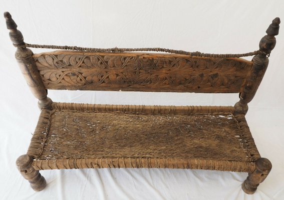 Low 2-Seater Cedar Chair, Nuristan, Afghanistan, 1890s-UZN-1427914