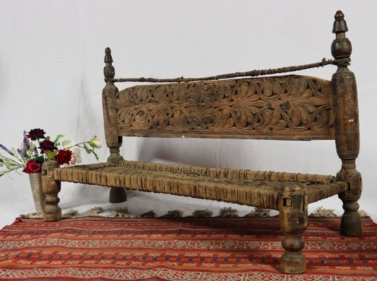 Low 2-Seater Cedar Chair, Nuristan, Afghanistan, 1890s-UZN-1427914