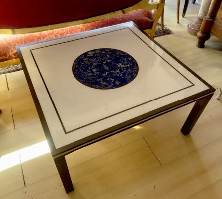 Low Mid-20th Century Square Coffee Table in White Marble Top Centred with Lapis Lazuli inlay, Resting on Metal Frame-FOI-1742573