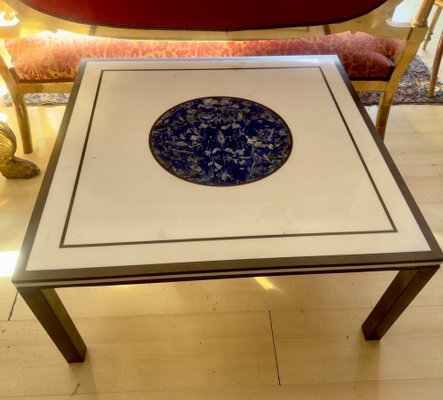 Low Mid-20th Century Square Coffee Table in White Marble Top Centred with Lapis Lazuli inlay, Resting on Metal Frame-FOI-1742573