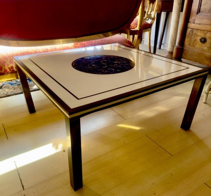 Low Mid-20th Century Square Coffee Table in White Marble Top Centred with Lapis Lazuli inlay, Resting on Metal Frame-FOI-1742573