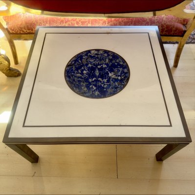 Low Mid-20th Century Square Coffee Table in White Marble Top Centred with Lapis Lazuli inlay, Resting on Metal Frame-FOI-1742573