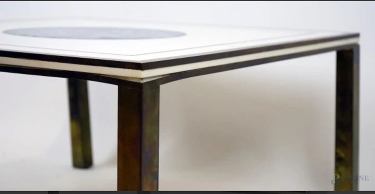 Low Mid-20th Century Square Coffee Table in White Marble Top Centred with Lapis Lazuli inlay, Resting on Metal Frame-FOI-1742573