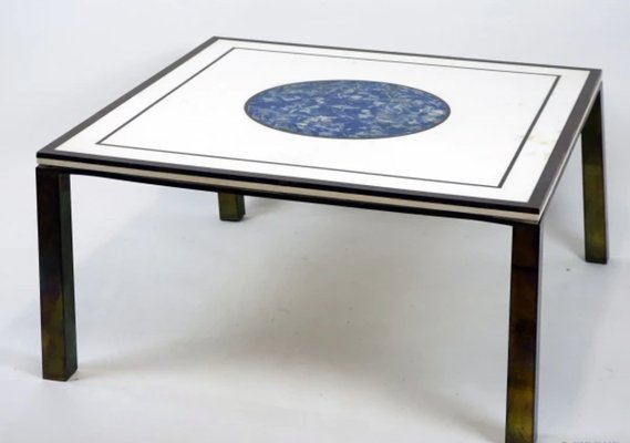 Low Mid-20th Century Square Coffee Table in White Marble Top Centred with Lapis Lazuli inlay, Resting on Metal Frame-FOI-1742573