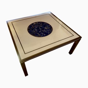 Low Mid-20th Century Square Coffee Table in White Marble Top Centred with Lapis Lazuli inlay, Resting on Metal Frame-FOI-1742573