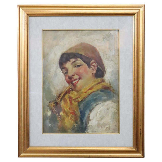 Luca Postiglione, Italian Portrait, 1900s, Oil Painting on Board, Framed