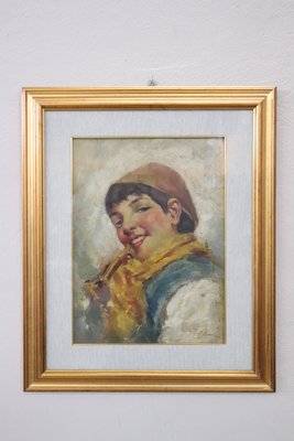 Luca Postiglione, Italian Portrait, 1900s, Oil Painting on Board, Framed