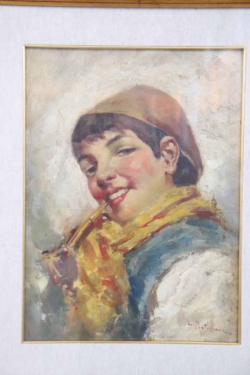 Luca Postiglione, Italian Portrait, 1900s, Oil Painting on Board, Framed