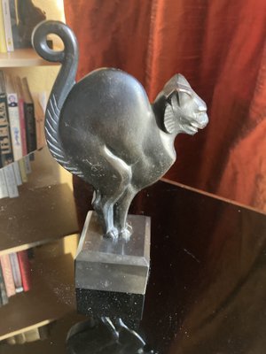 Lucien Alliot, Art Deco Sculpture of a Cat, 1925, Bronze on a Black Marble Base-XHV-1770494