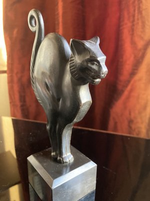 Lucien Alliot, Art Deco Sculpture of a Cat, 1925, Bronze on a Black Marble Base-XHV-1770494