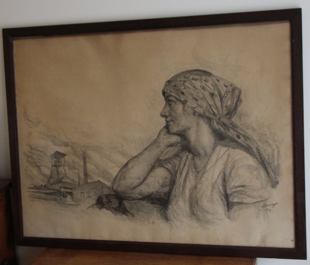 Lucien Jonas, Coal Miner's Wife, Charcoal Drawing, 1934, Framed