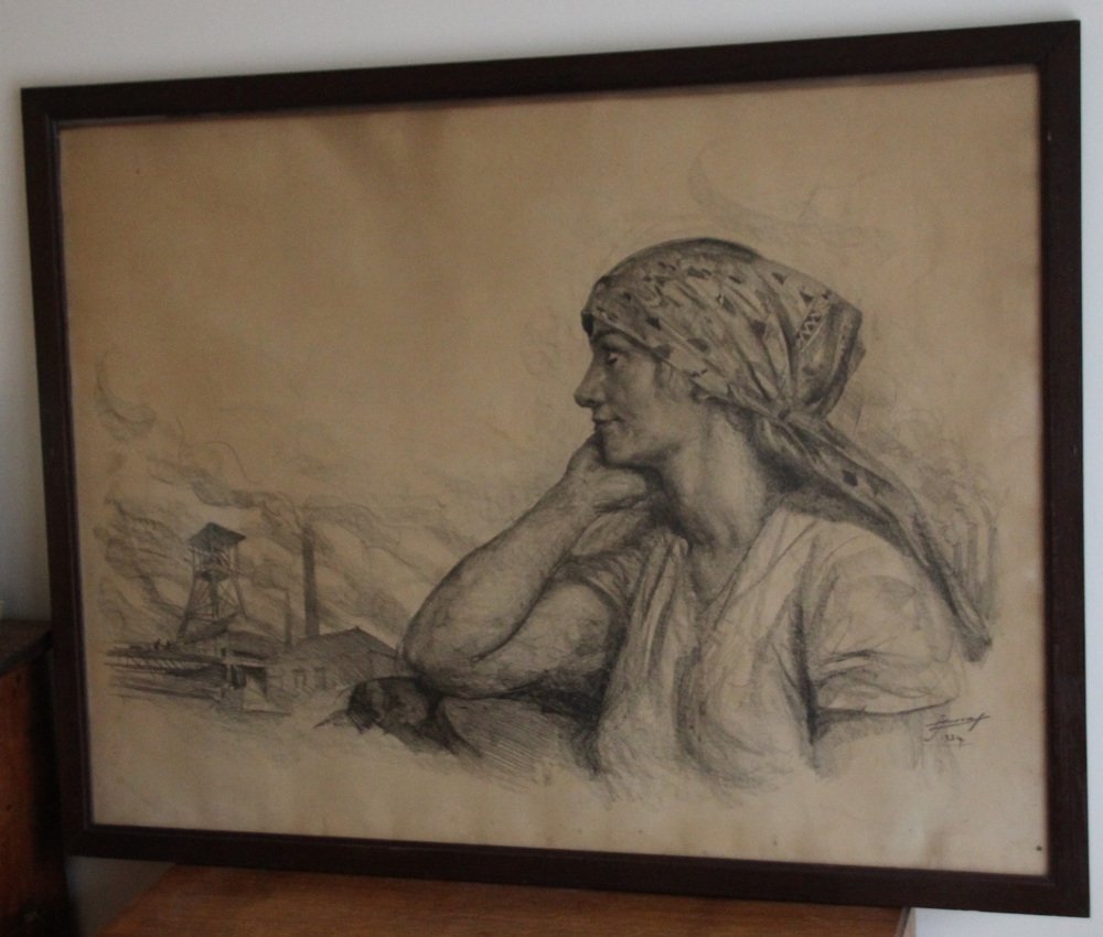 Lucien Jonas, Coal Miner's Wife, Charcoal Drawing, 1934, Framed